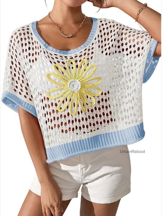 Sweaters - Boho Crochet Crop Sweater Beach Knit Cover Up Short Sleeve Pullover